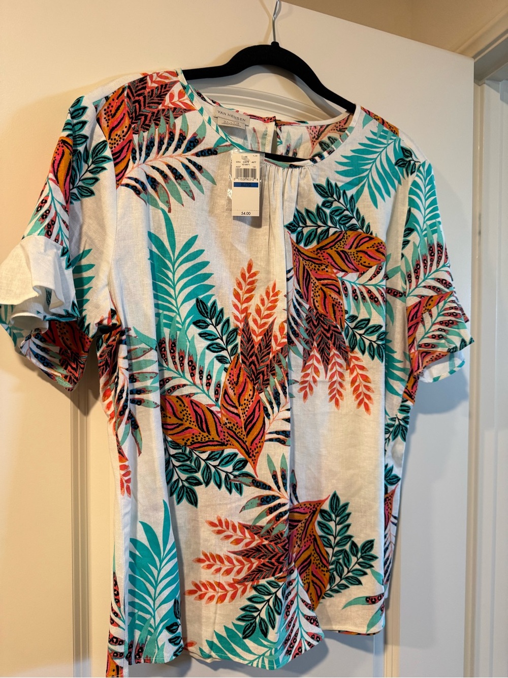Van Heusen White Short-Sleeve Top with Teal and Coral Leaf Print